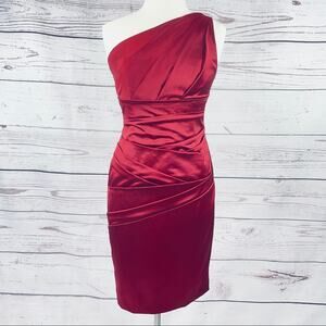 David's Bridal red single shoulder ruched dress